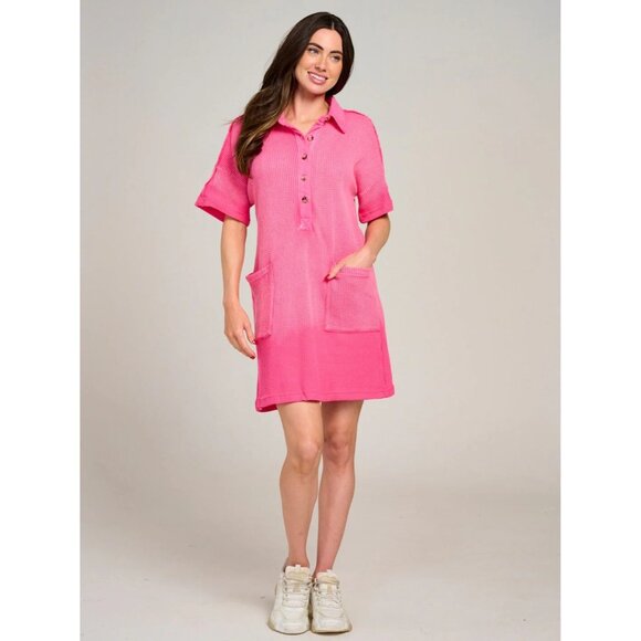 NWT Pink Waffle Button-Up Mini Dress Short Sleeve Size Large - Picture 1 of 8